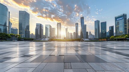 Modern city square with tall buildings and a sleek skyline, featuring contemporary urban...