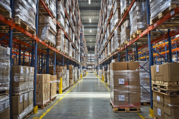 A spacious warehouse filled with stacked pallets and boxes, designed for storage and inventory management.