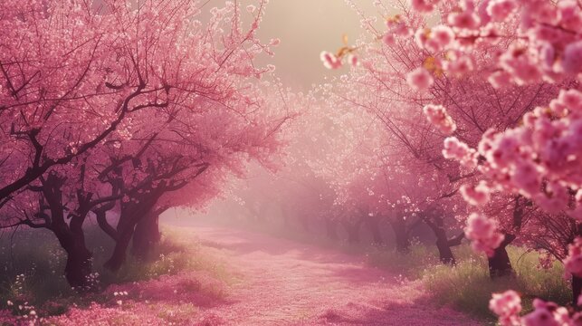 An enchanting path under a canopy of blooming cherry blossoms. The soft pink petals and gentle sunlight create a dreamy and romantic atmosphere, perfect for a serene and picturesque nature walk.
