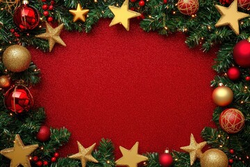 Christmas holiday background. Christmas tree frame with ornaments, stars. Gold and red glitter Christmas corner decorations. Free space for text in the middle. with generative ai