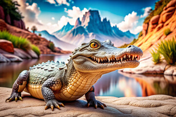 Obraz premium Crocodile Basking by a Lake with Mountainous Background