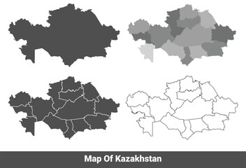 Obraz premium Collection of Kazakhstan country grey political maps set with border outline vector illustration
