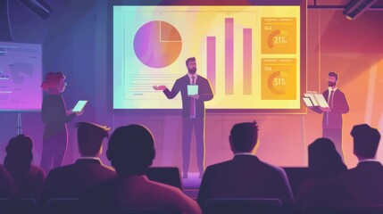 A CEO presents data to a group of investors and businesspeople during a conference meeting. The projector screen displays graphs, product sales, revenue growth strategy, and e-commerce analysis.

