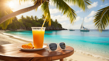 Obraz premium Beautiful summer background with pool and sunlounger, straw hat, sunglasses, orange juice on the table and sea view.