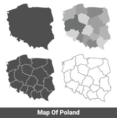 Collection of Poland country grey political maps set with border outline vector illustration