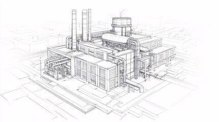 Detailed industrial blueprint of a modern power plant with multiple smokestacks in an urban setting.