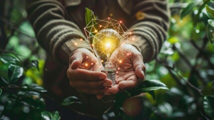 A businessman holds a light bulb and CSR icon while interacting with digital data networks. The focus is on sustainability, ethical business practices, and promoting social good and environmental stew