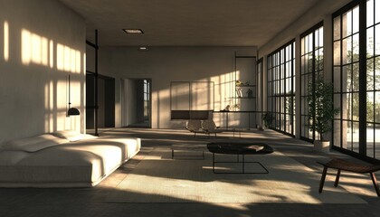 Fototapeta premium Modern living room with large windows and sunlight streaming in.