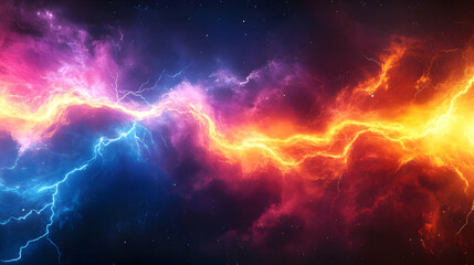 Abstract Background with Blue and Orange Lightning Bolts in a Dark Galaxy Space