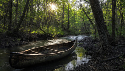 A serene canoe resting by a tranquil stream, surrounded by lush greenery and sunlight filtering through the trees.
