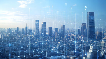 Obraz premium Abstract Cityscape with Futuristic Digital Network Connections and Blue Sky