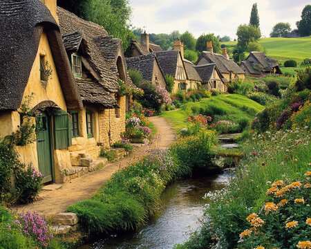A row of cottages with a path running between them. The houses are surrounded by a lush green garden and a small stream. The scene is peaceful and serene