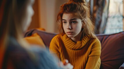 A depressed teenage girl reaching for an adult woman's hand, symbolizing emotional support and counseling, as a mother or therapist offers comfort during tough times.