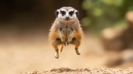 Fototapeta premium A Curious Meerkat in Mid-Air, Paws Extended