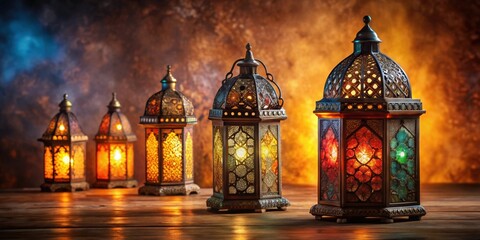Obraz premium Arabian style lanterns glowing in a dimly lit room, Arabian, oriental, lights, lanterns, beauty, elegant, exotic