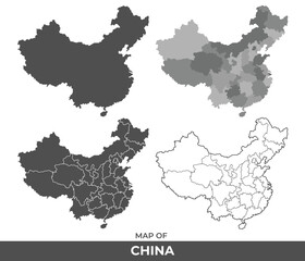 Collection of China country grey political maps set with border outline vector illustration