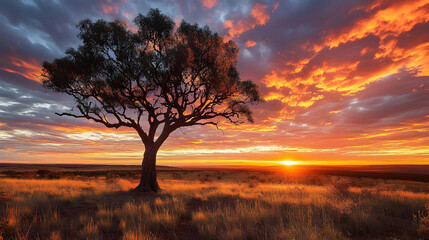 Fototapeta premium A Single Tree Stands Tall Against a Fiery Sunset, with Vivid Colors in the Sky Above a Meadow