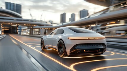 Obraz premium 11 An AI-powered self-driving car on a futuristic highway, with glowing paths indicating its route, symbolizing autonomous transportation