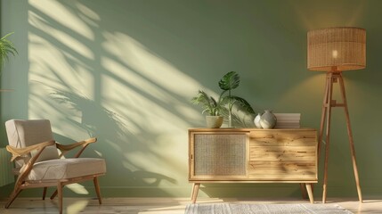 Modern lamp paired with green wall decor and natural wood furniture