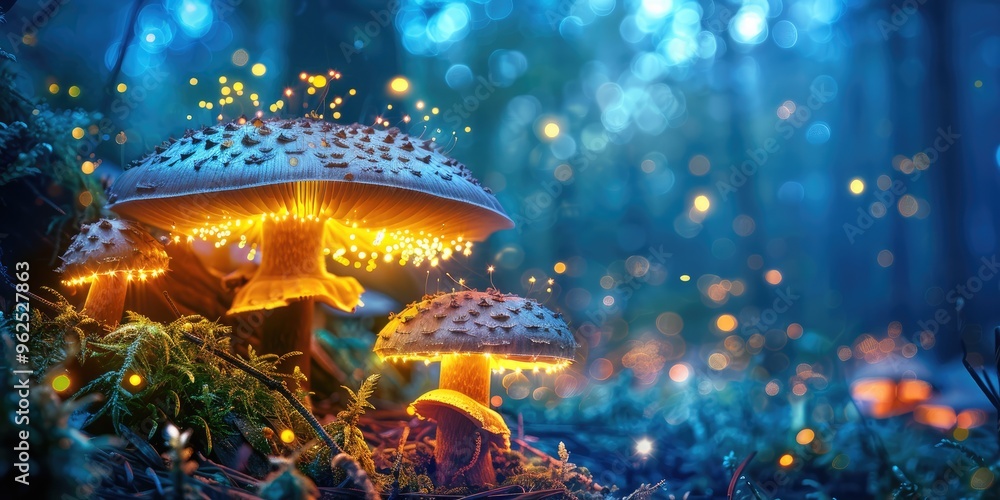 Poster enchanting luminous mushrooms illuminate a mystical forest pathway at twilight, creating a dreamy at