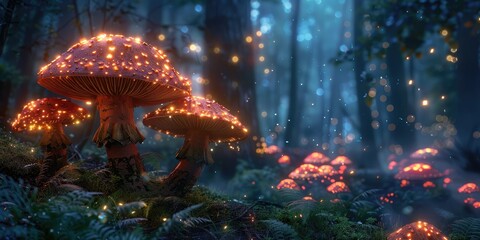 Enchanted forest illuminated by glowing mushrooms under a mystical twilight sky in a serene woodland setting