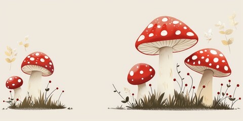 Fototapeta na wymiar Vibrant red mushrooms with white spots flourish in a whimsical garden, surrounded by delicate foliage and whimsical plants during a sunny afternoon