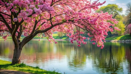 Tree by water with pink flowers, tree, water, pink, flowers, nature, landscape, serenity, peaceful, reflection, spring