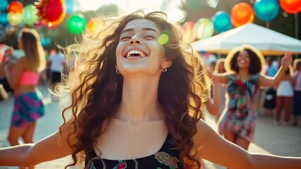 Sun-Kissed Joy: A young woman with windswept hair radiates pure joy as she dances amidst a vibrant festival, her infectious laughter and carefree spirit capturing the essence of carefree summer fun.