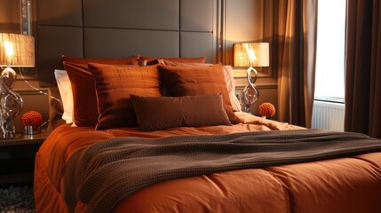 Stylish room with orange and brown linens on bed