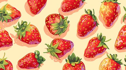 Fototapeta premium 117. Detailed illustration of cute hand-drawn strawberries in a lively cartoon style, creating a seamless pattern full of juicy and delicious fruit, ideal for summery and fun backgrounds