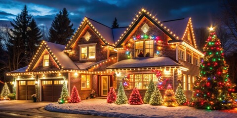 Obraz premium Illuminated house covered in festive holiday lights , Christmas, decorations, colorful, winter, bright, glowing