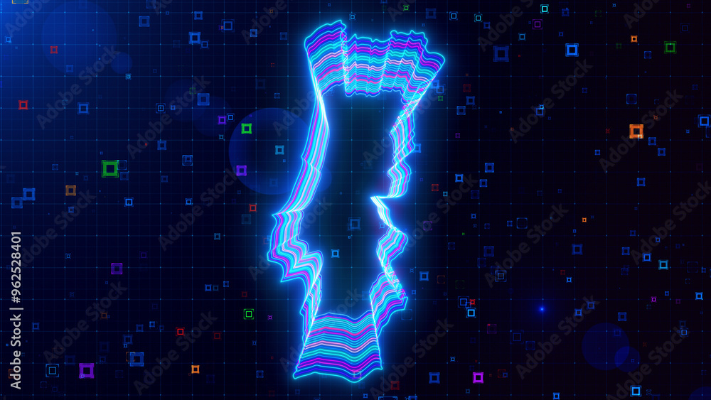 Poster a vibrant digital artwork of portugal map outlined with neon lines, set against a futuristic grid ba