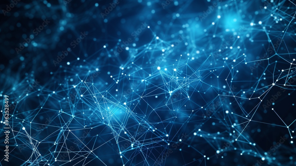 Poster a detailed digital network visualization featuring blue nodes and connecting lines against a dark ba