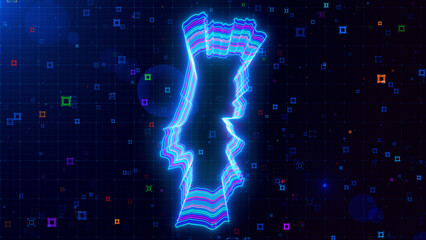 A vibrant digital artwork of Portugal map outlined with neon lines, set against a futuristic grid background with colorful abstract HUD squares.