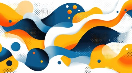 Fototapeta premium Abstract background with wavy lines, circles and dots in blue, orange, and white colors.