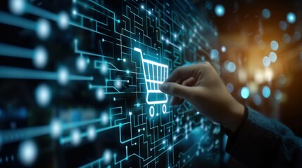 A businessman touches an e-commerce icon, symbolizing global technological networking, online transactions, and seamless integration in digital marketplaces.