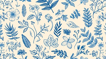 122. Detailed seamless pattern with adorable botanical doodles, hand-drawn in a vector style, ideal for creating lovely and whimsical designs for various applications like wallpaper and textiles