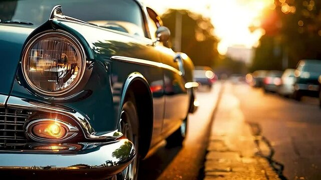 a classic car  and  other vehicles  on  a street  at sunset.