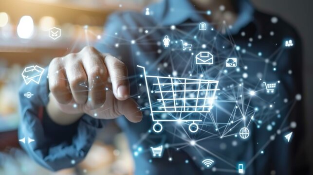 A businessman touches an e-commerce icon, symbolizing global technological networking, online transactions, and seamless integration in digital marketplaces.