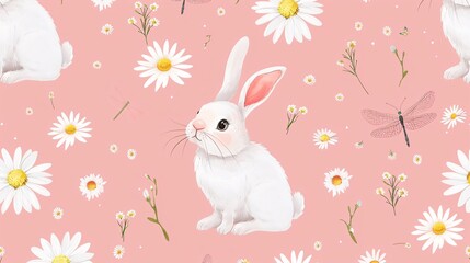 126. Adorable seamless pattern featuring cute rabbit cartoons, dragonflies, and daisy flowers on a pink background, creating a whimsical and playful design perfect for various applications