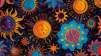 131. Vibrant seamless pattern featuring a variety of colorful suns, with intricate designs representing sunset and sunrise, perfect for creating lively and cheerful backgrounds