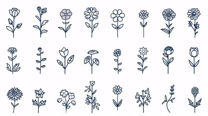 140. Pixel-perfect line icons of medical flowers such as rose, violet, jasmine, calendula, echinacea, iris, and chamomile, featuring minimal vector illustrations with editable strokes, ideal for