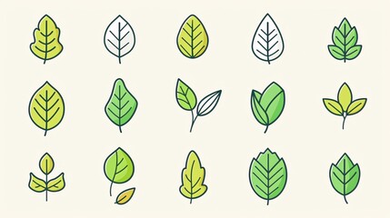 141. Vector icons featuring a collection of green leaves, designed in a simple linear style, perfect for eco-friendly and bio logos, vegan labels, and ecological elements