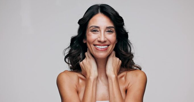 Beauty, skincare and smile of mature model in studio isolated on white background for dermatology. Aesthetic, cosmetic and happy with portrait of woman at salon for antiaging change or transformation