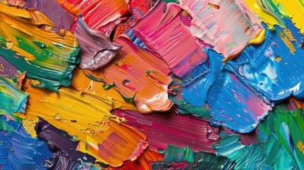 Abstract multicolored oil painting with rough brushstrokes and texture. Closeup of canvas art with rich details and palette knife strokes.

