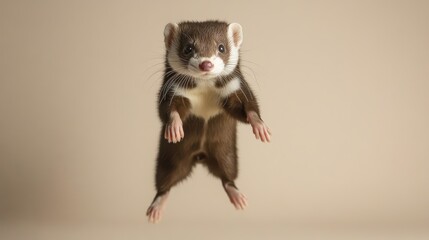 Fototapeta premium A Curious Brown and White Ferret Suspended in Mid-Air