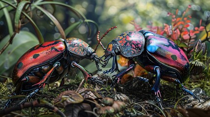 5. Artistic rendering of Carabus bessarabicus beetles interacting on a forest floor, displaying vivid colors and intricate details in a naturalistic setting