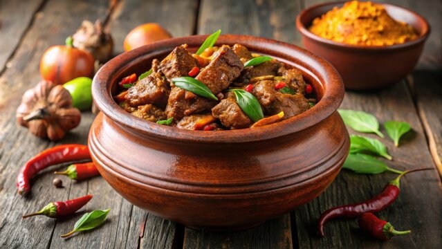 Spicy Kerala-style beef fry served in a traditional clay pot , Kerala, style, beef, mutton, dry fry, delicious, spicy, curry