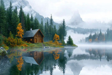 Obraz premium A cabin is surrounded by trees and a lake. The cabin is a small wooden structure with a chimney