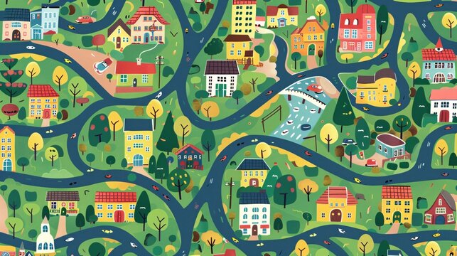 16. Adorable seamless pattern featuring a cartoon city map with colorful buildings, winding roads, parks, and playful details like cars and trees, perfect for children's illustrations